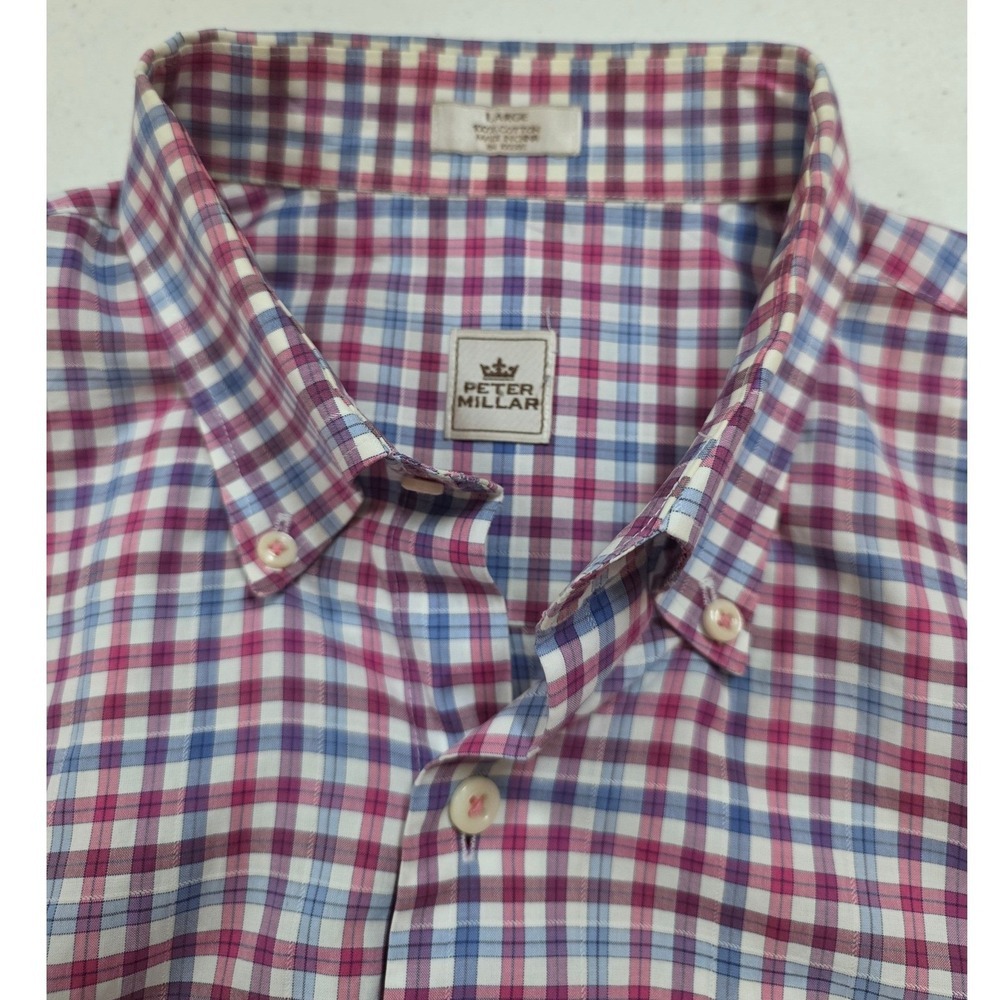Peter Millar Mens Large Plaid Button Down Shirt Purple Blue White Cotton L Long - Picture 2 of 10